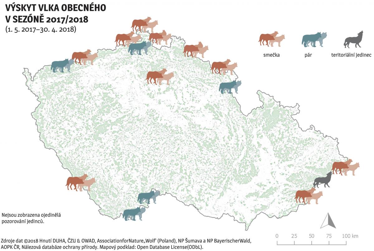 Mapa výskytu vlků v ČR v 2017-2018 Mapa výskytu vlků v ČR v 2017-2018