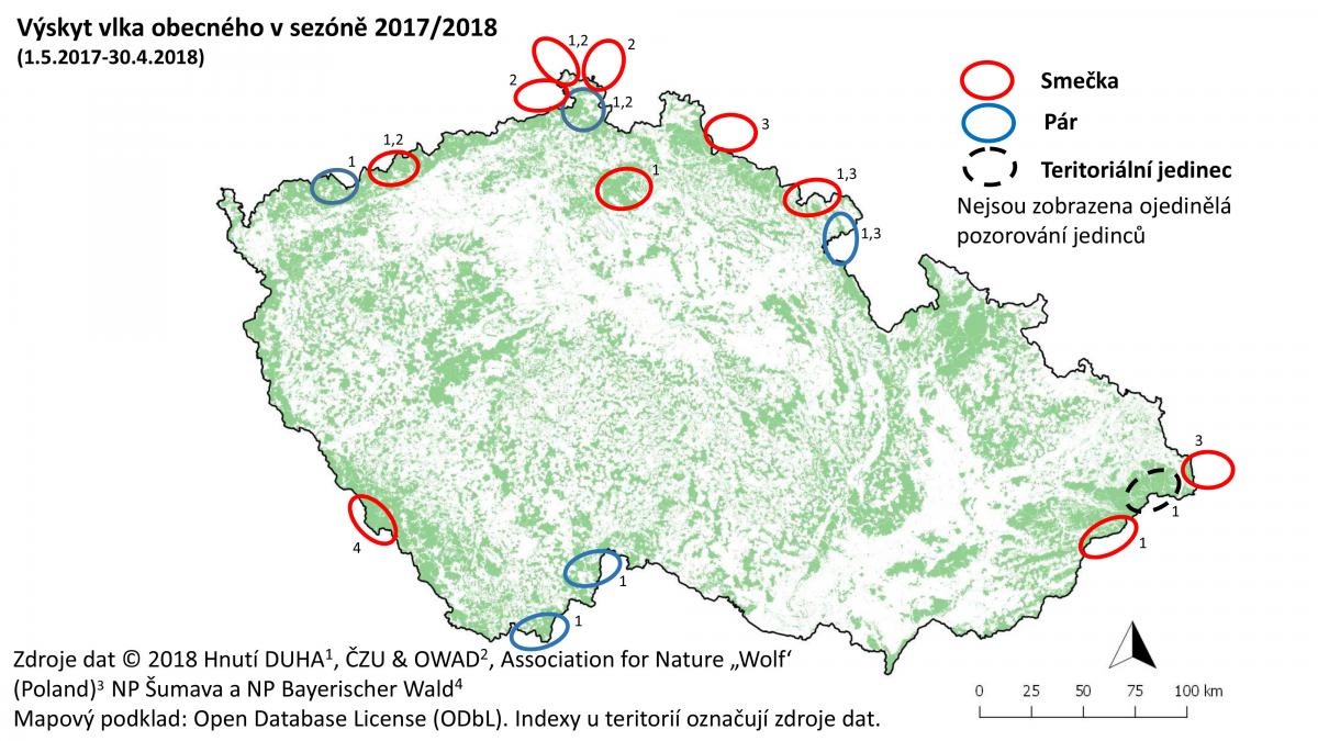 Mapa výskytu vlků v ČR v 2017-2018 s přesnými zdroji dat Mapa výskytu vlků v ČR v 2017-2018 s přesnými zdroji dat